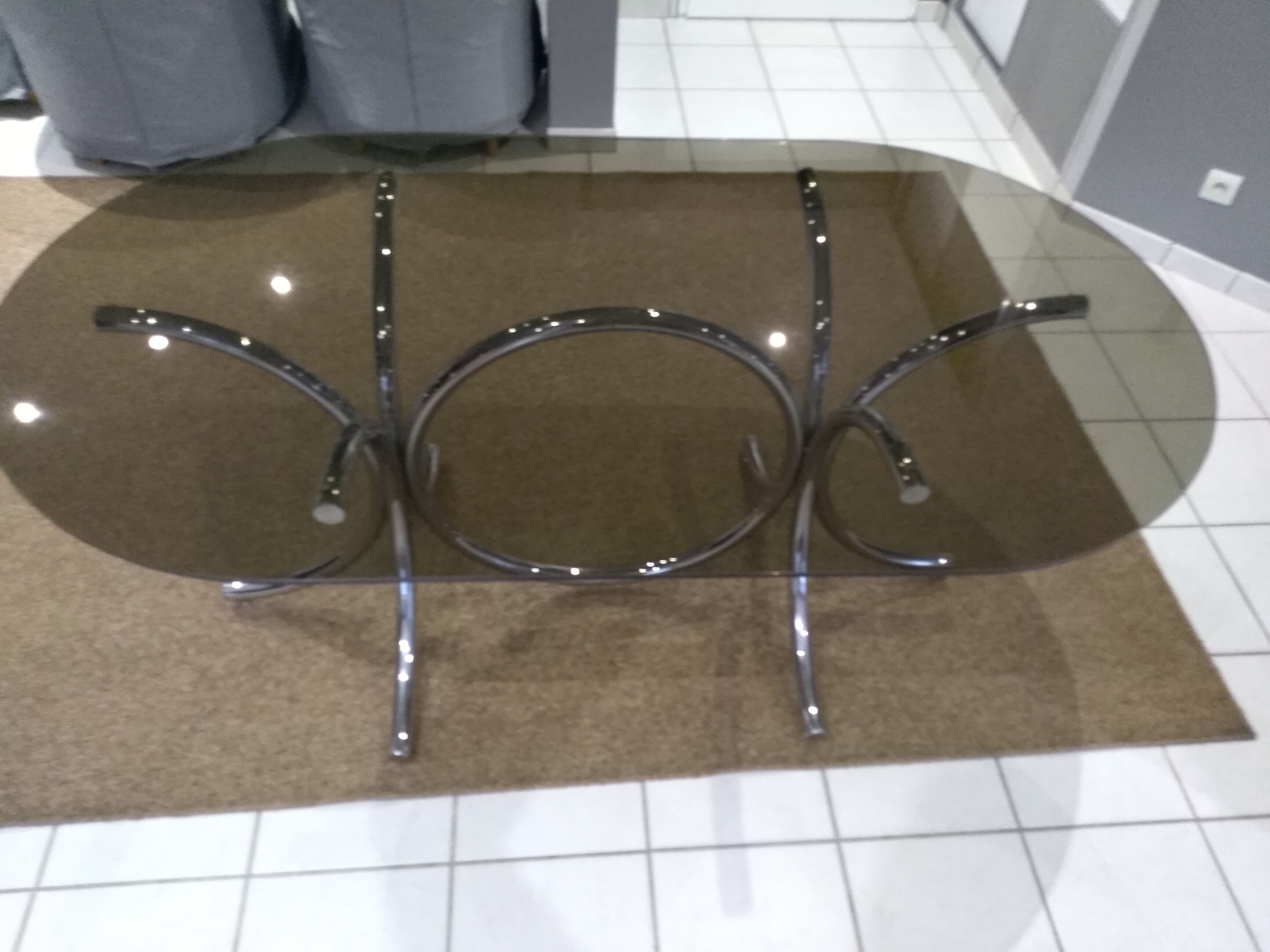 Glass table smoked oval vintage design 1970