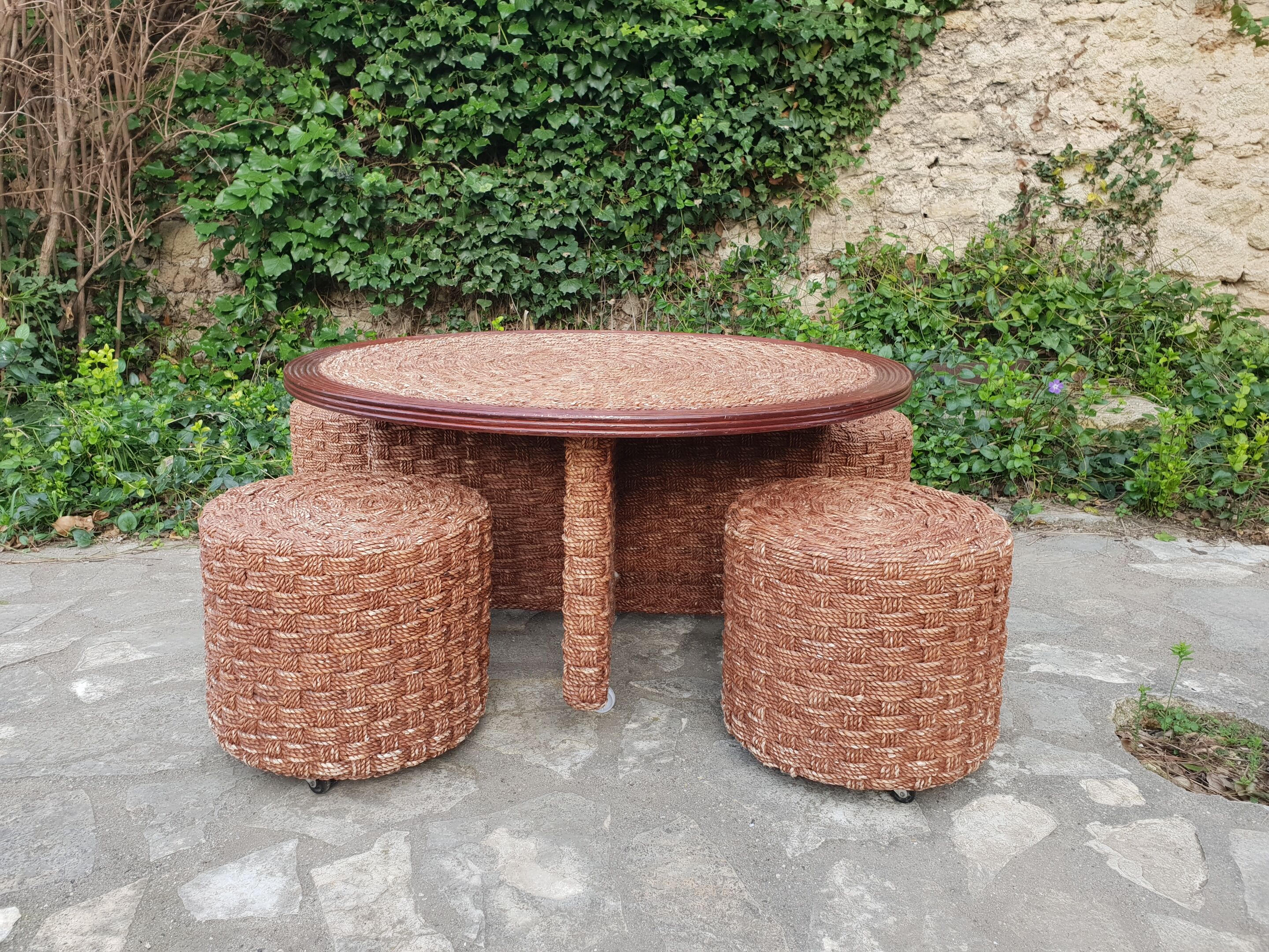 Vintage rope coffee table and stools