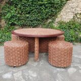 Table basse et tabourets en corde vintage