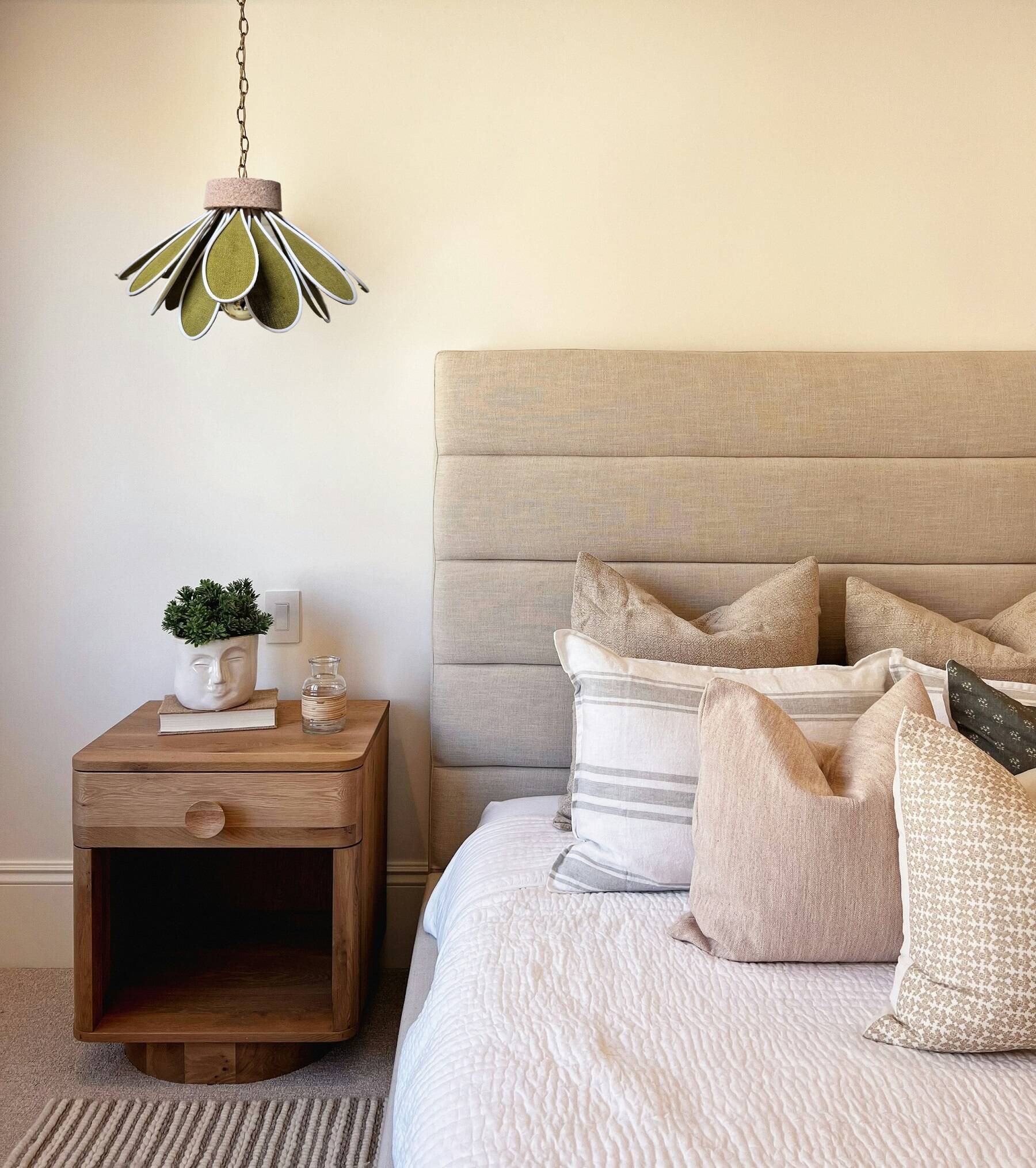 Iris flower pendant, 16 petals in olive green rattan and linen.