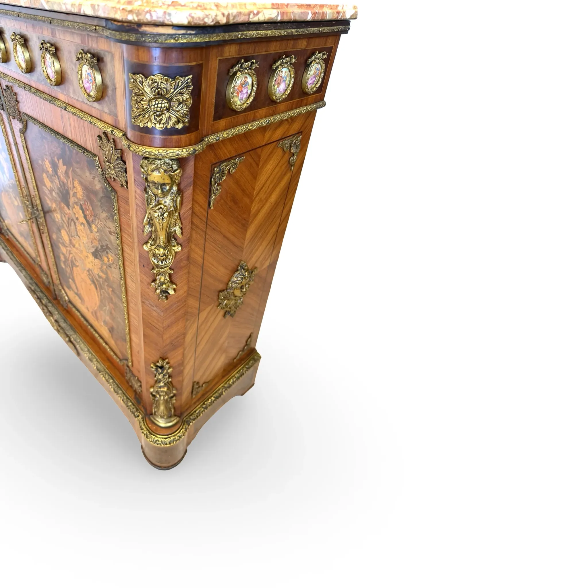 An antique French Louis XVI-style marble-top side cabinet