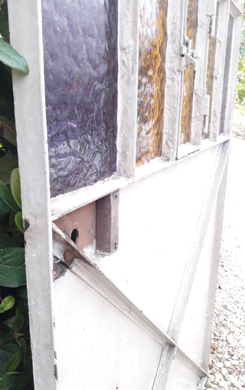 Workshop door 258.4x98.5cm in iron and colored cathedral glass