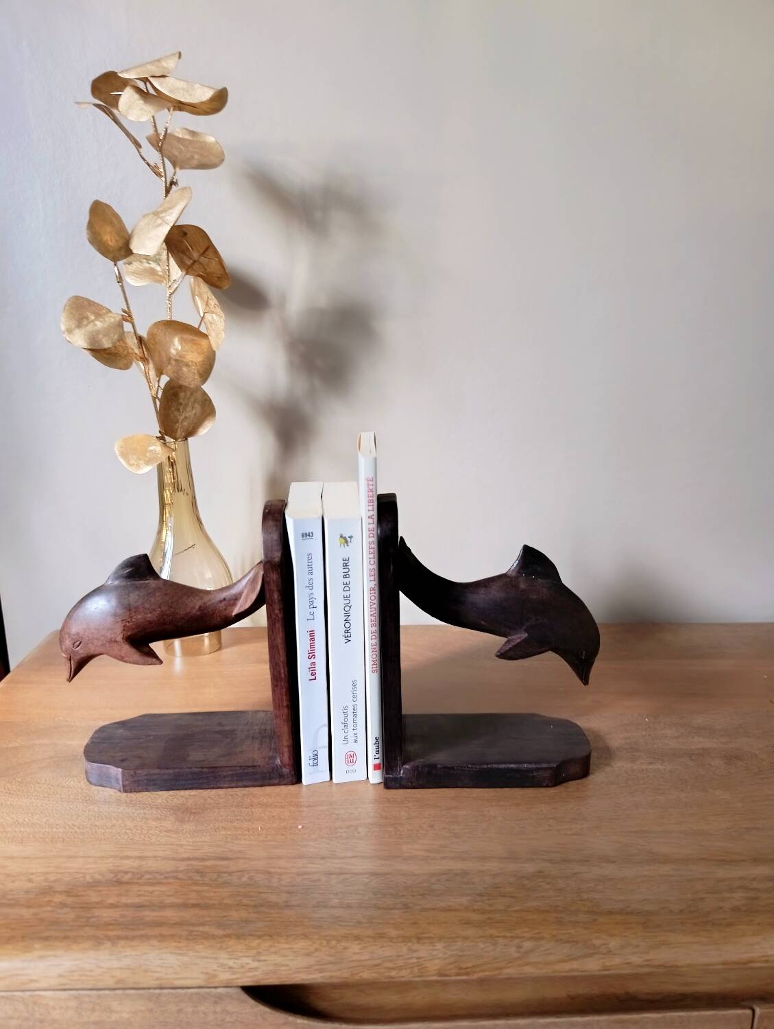 Wooden bookends in the shape of dolphins, vintage 1970.