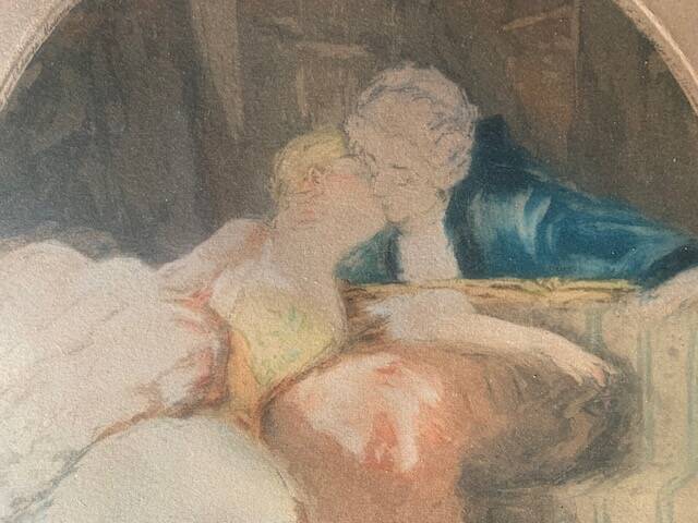 Old romantic engraving, gallant scene from the 19th century, signed, numbered, 1921