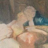 Old romantic engraving, gallant scene from the 19th century, signed, numbered, 1921