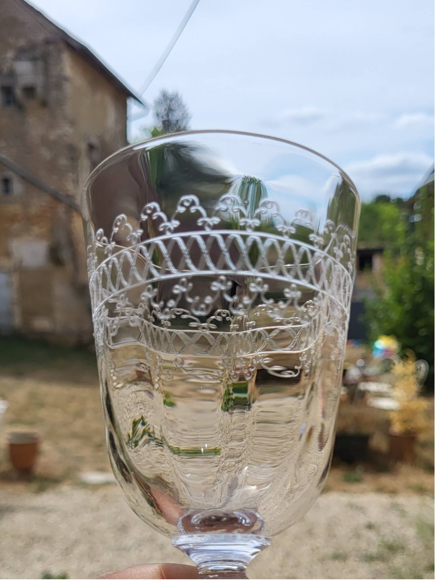 6 engraved glass wine/water glasses from the early 20th century.