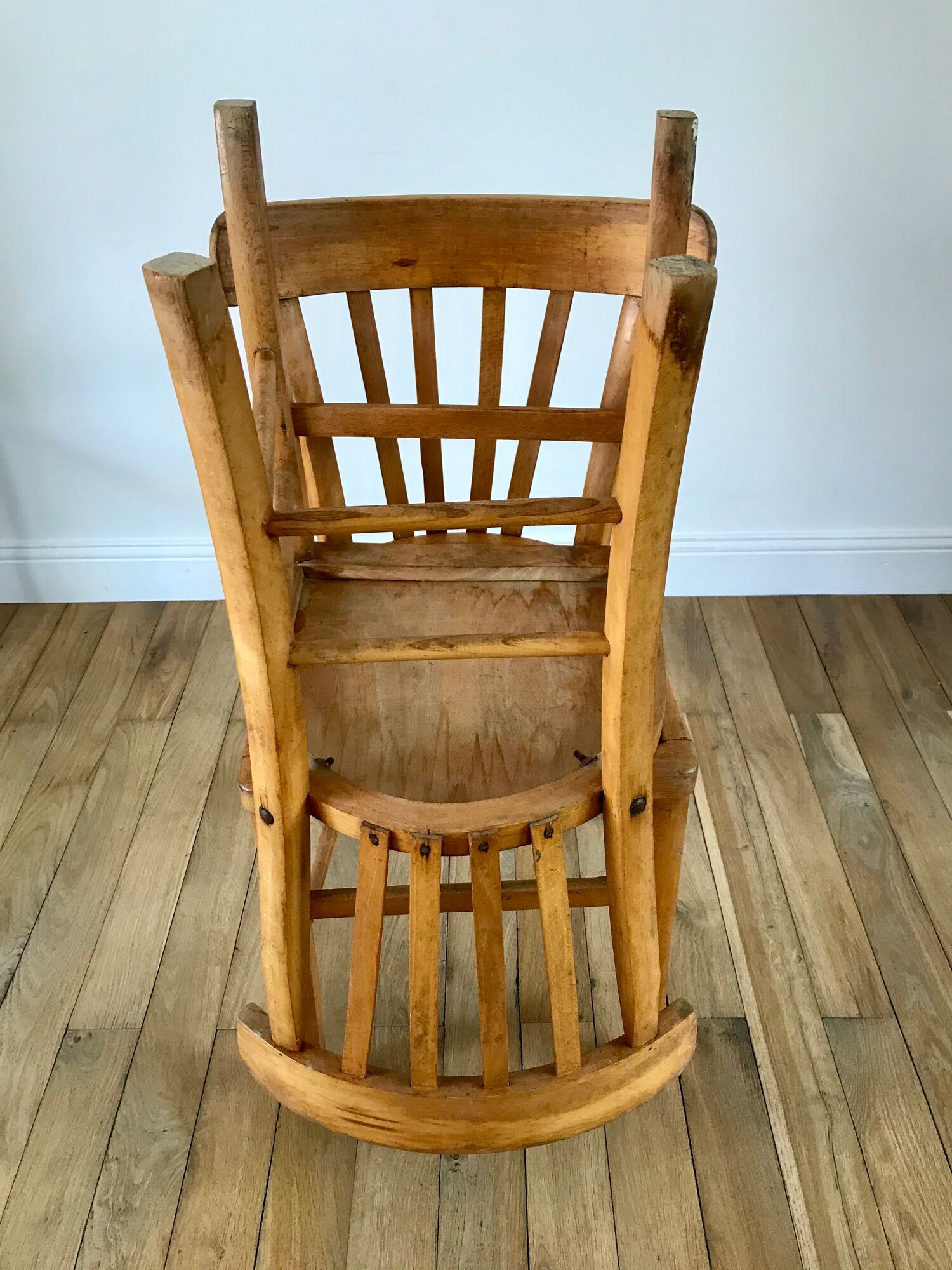 Pair of bistro chairs in light curved wood and green seat 1950s