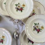 Set of 6 antique Badonviller earthenware soup plates with flowers and gilding