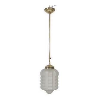 Art Deco pendant lamp with matt glass shade and brass fixture, 1930s