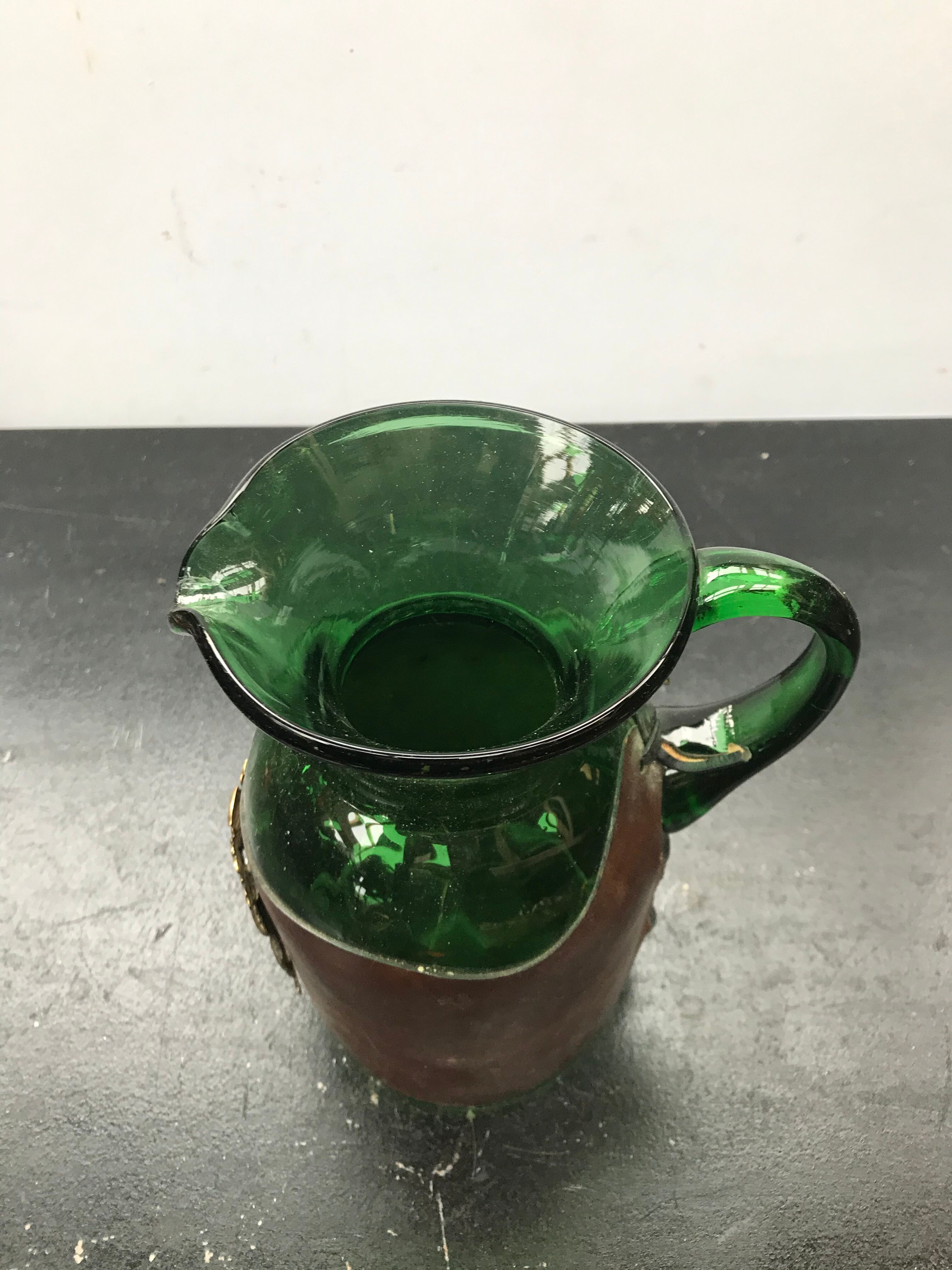 Former Carafe Pitcher Green Blown Glass - Leather - Vintage Kitchen