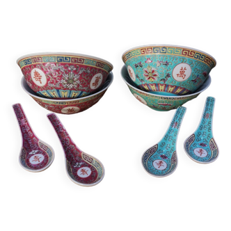 Grands bols chinois et cuillères porcelaine Jingdezhen