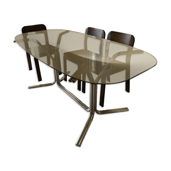Table à manger plateau verre fumé pieds métal — Beyit