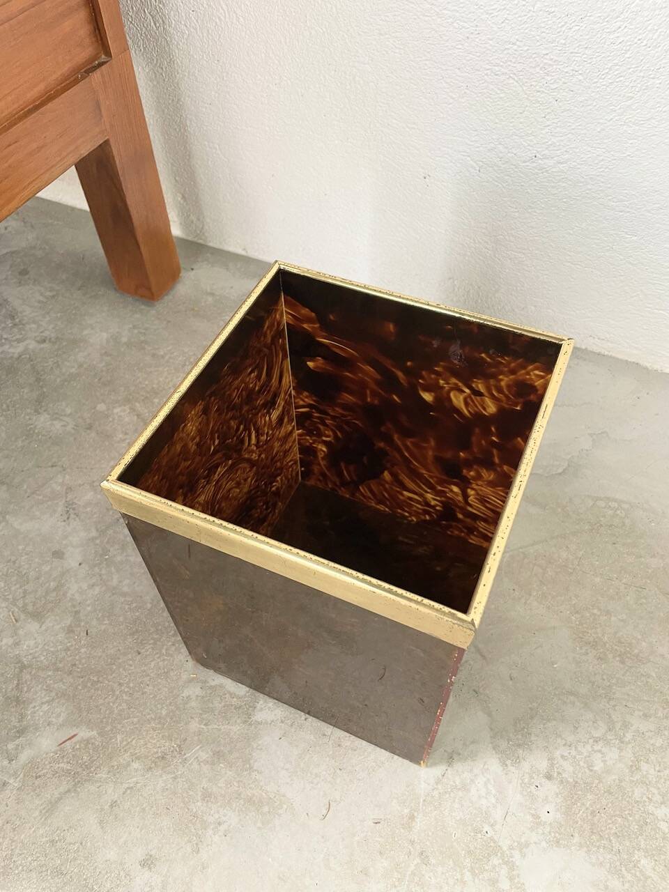 Tortoiseshell, resin and brass trash can from the 50s