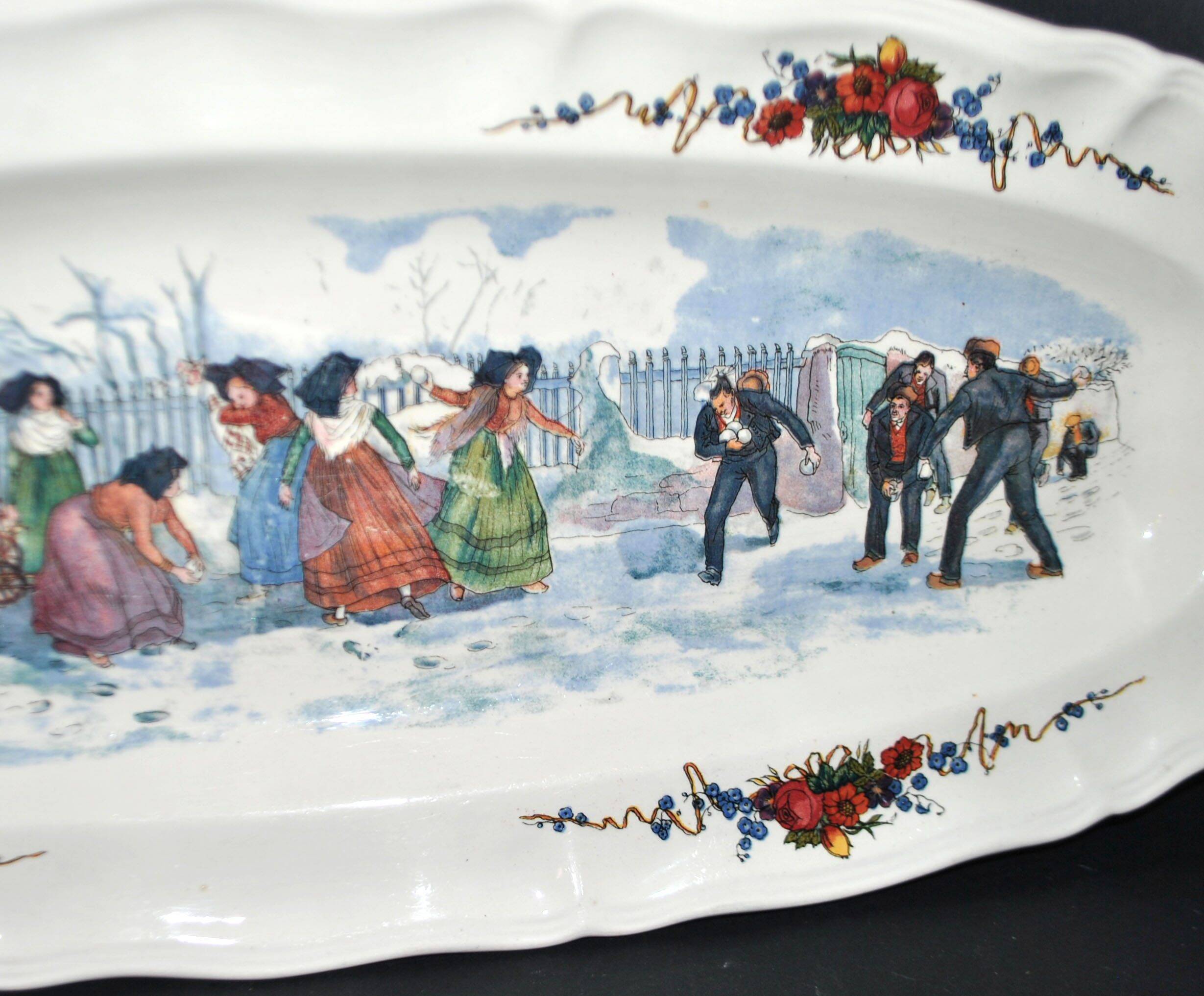 Sarreguemines large oval dish Obernai the snowball fight H. Loux