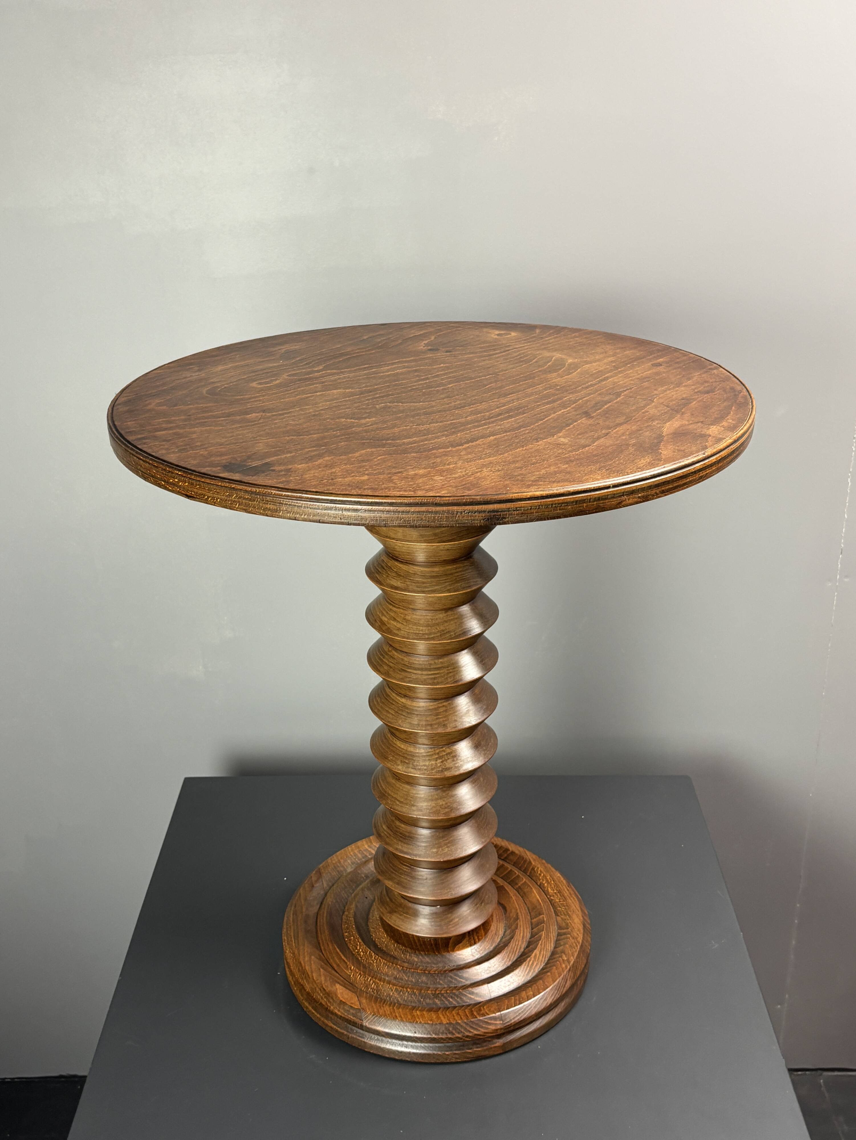 Midcentury brutalist wood turned side table in the style of Charles Dudouyt
