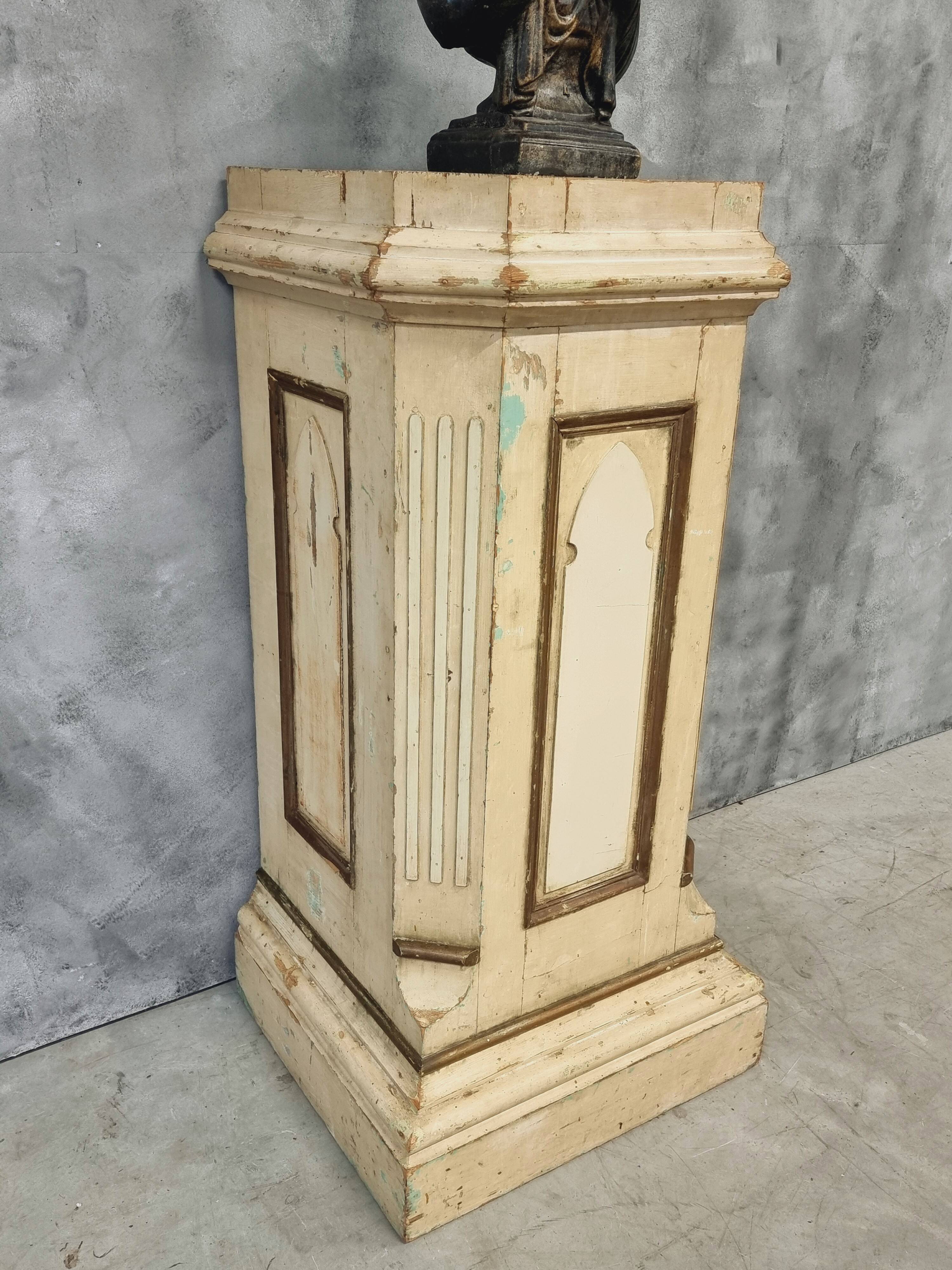 Antique church column on wooden base 135 cm high