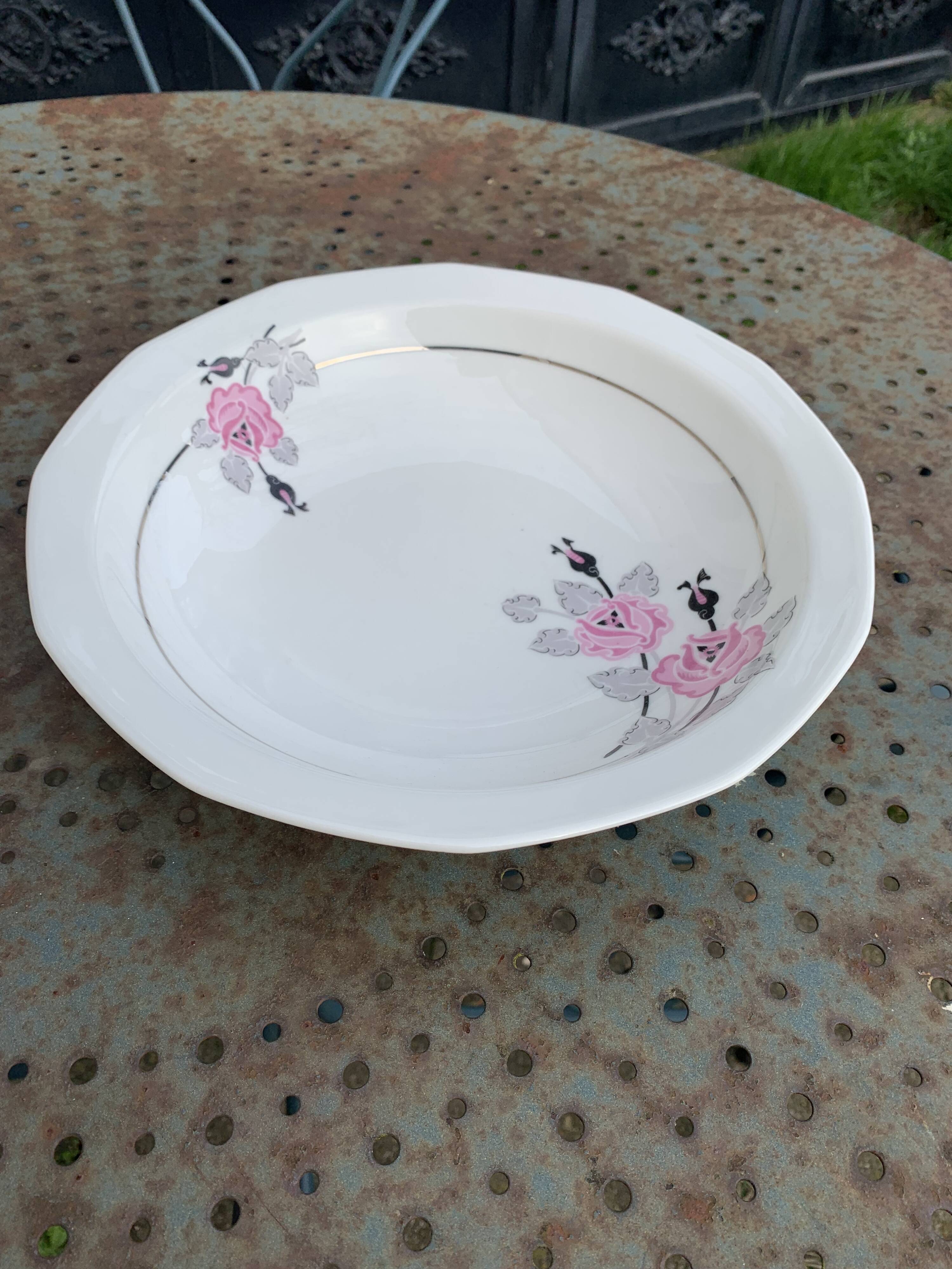 Set of two art deco porcelain dishes, limoges france, BRB, pink flowers