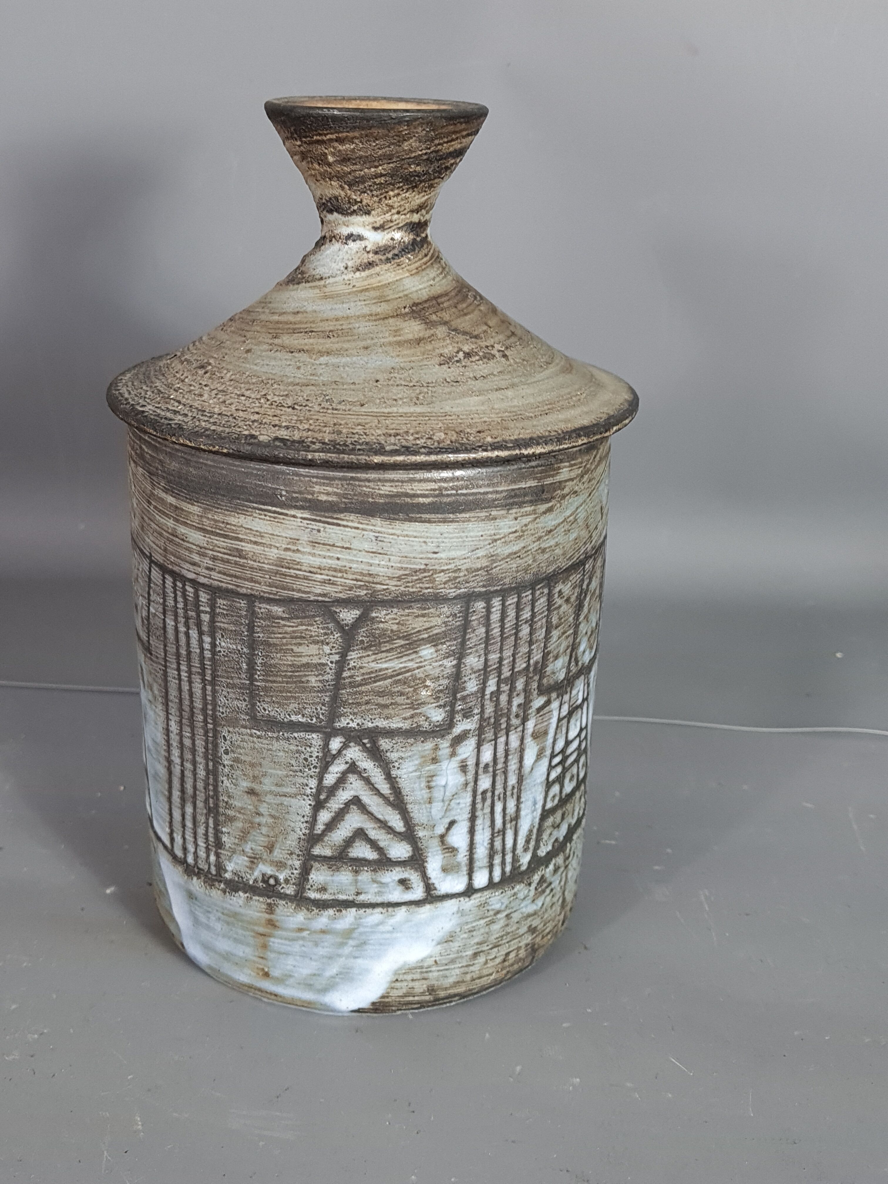 J. Pouchain (1925-2015) incised covered pot enamelled abstract decoration, signed. SB