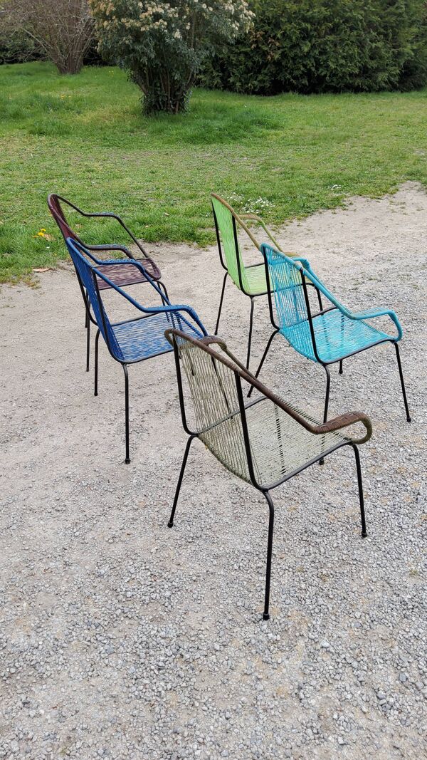 Set de 5 fauteuils en fer et scoubidou des années 50/60