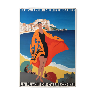 French poster reprint in lithography (1989) "the beach of Calvi Corsica"