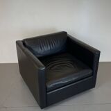 Pair of Black Leather Cube Club-Chairs by Charles Pfister for Knoll, 1980s