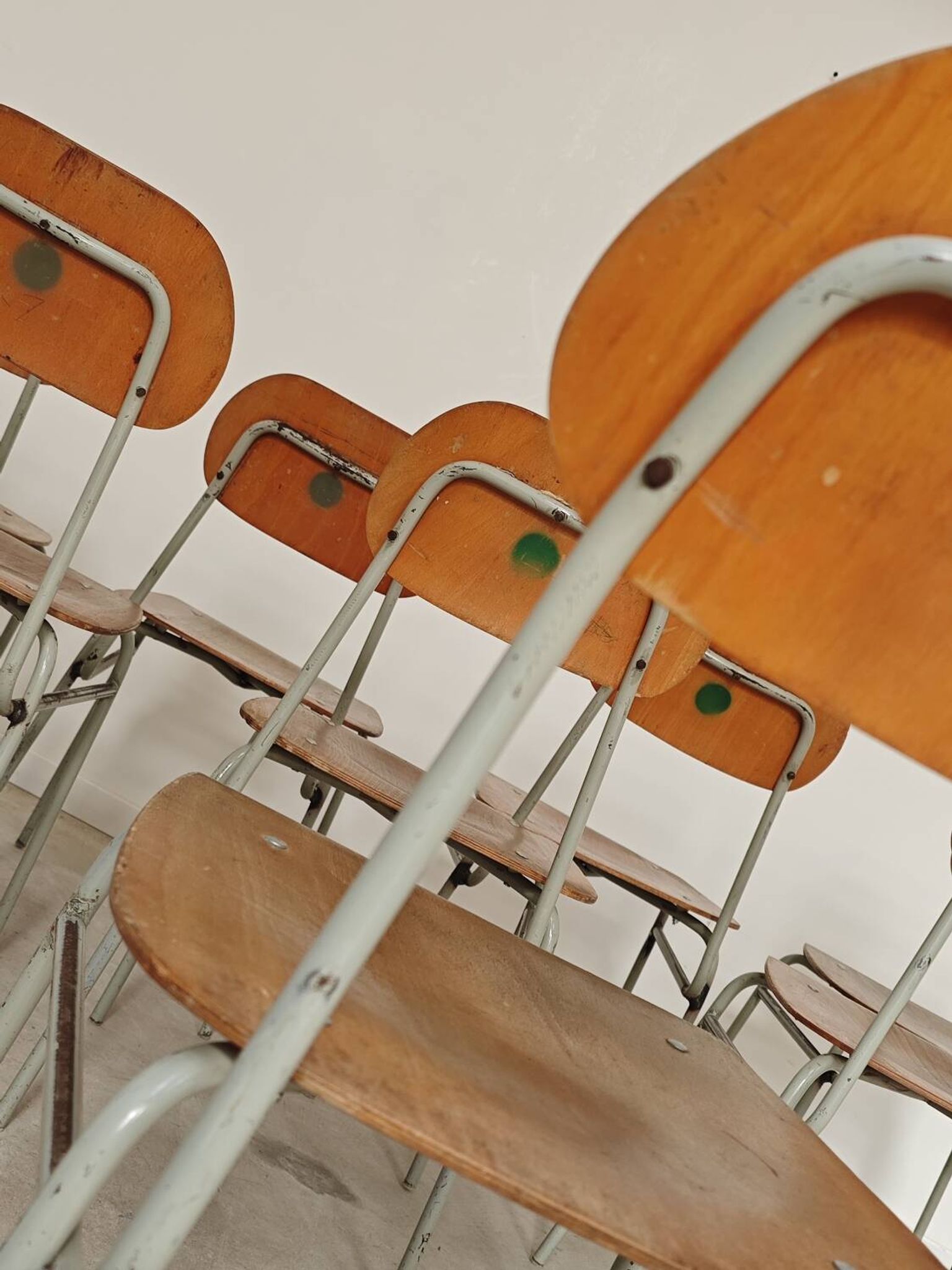 Set of 4 metal and wood school chairs, former Czechoslovakia, 1960.
