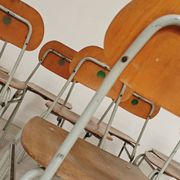 Set of 4 metal and wood school chairs, former Czechoslovakia, 1960.