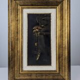 Oil on canvas of a tanager bird and water, sign Oil on canvas of a tanager bird and water, signeded
