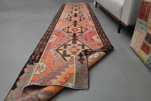 1970s Turkish Oushak Handmade Wool Cotton Orange Runner Rug 90x400