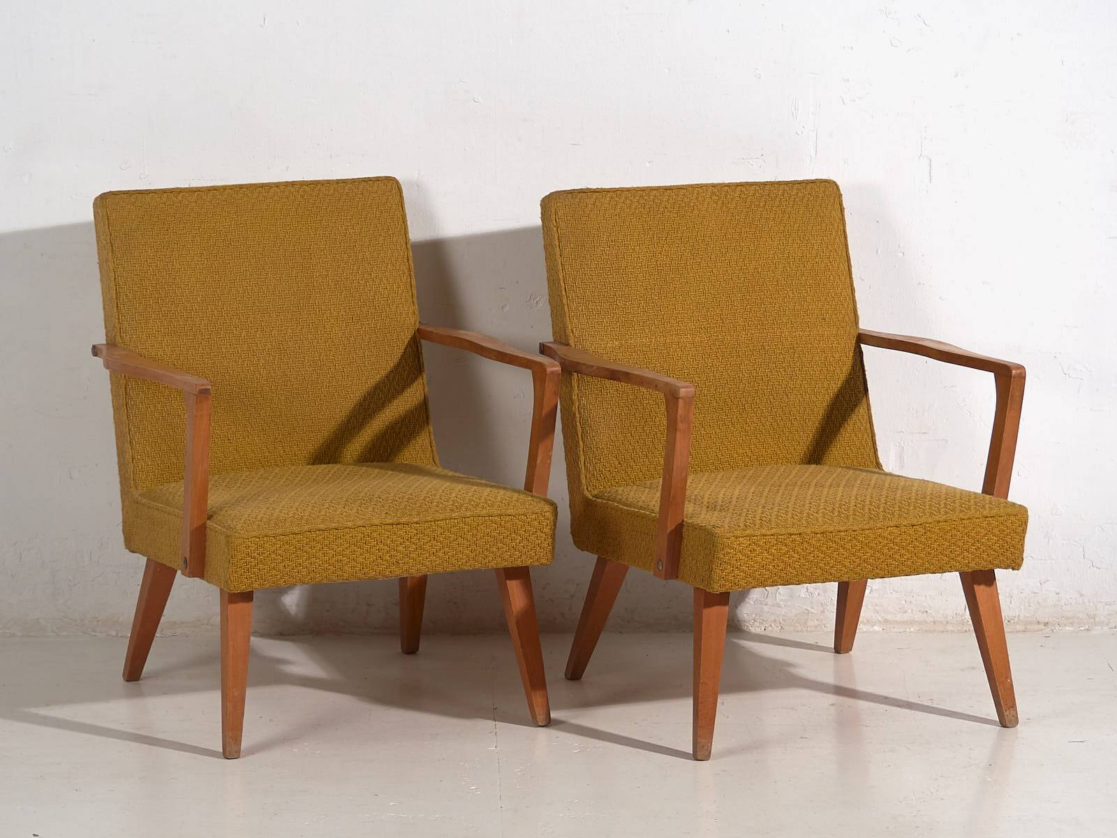 2 armchairs in wood and ochre fabric, 1950