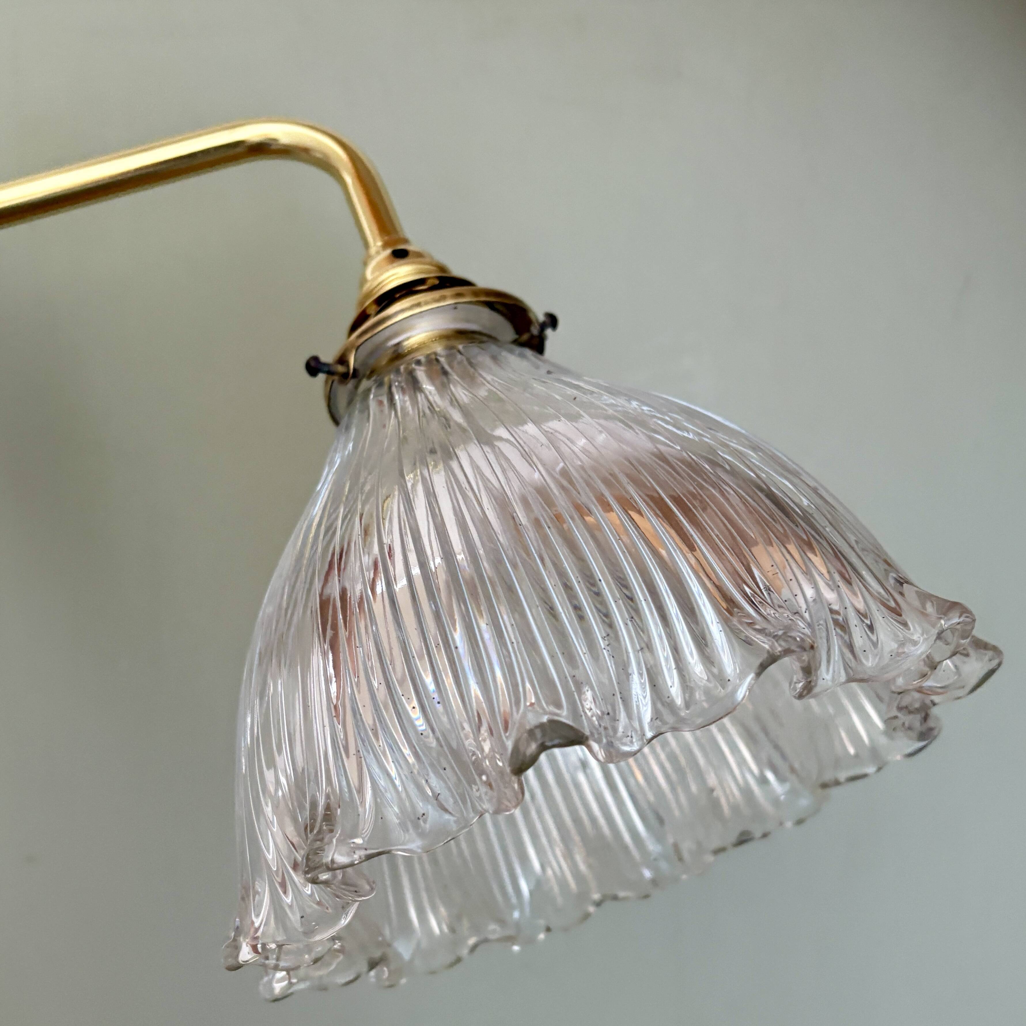 Elbow wall lamp with vintage holophane glass shade