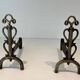 Pair of Brass and Wrought Iron Chenets with Triple Volute and Mount Torch Holders