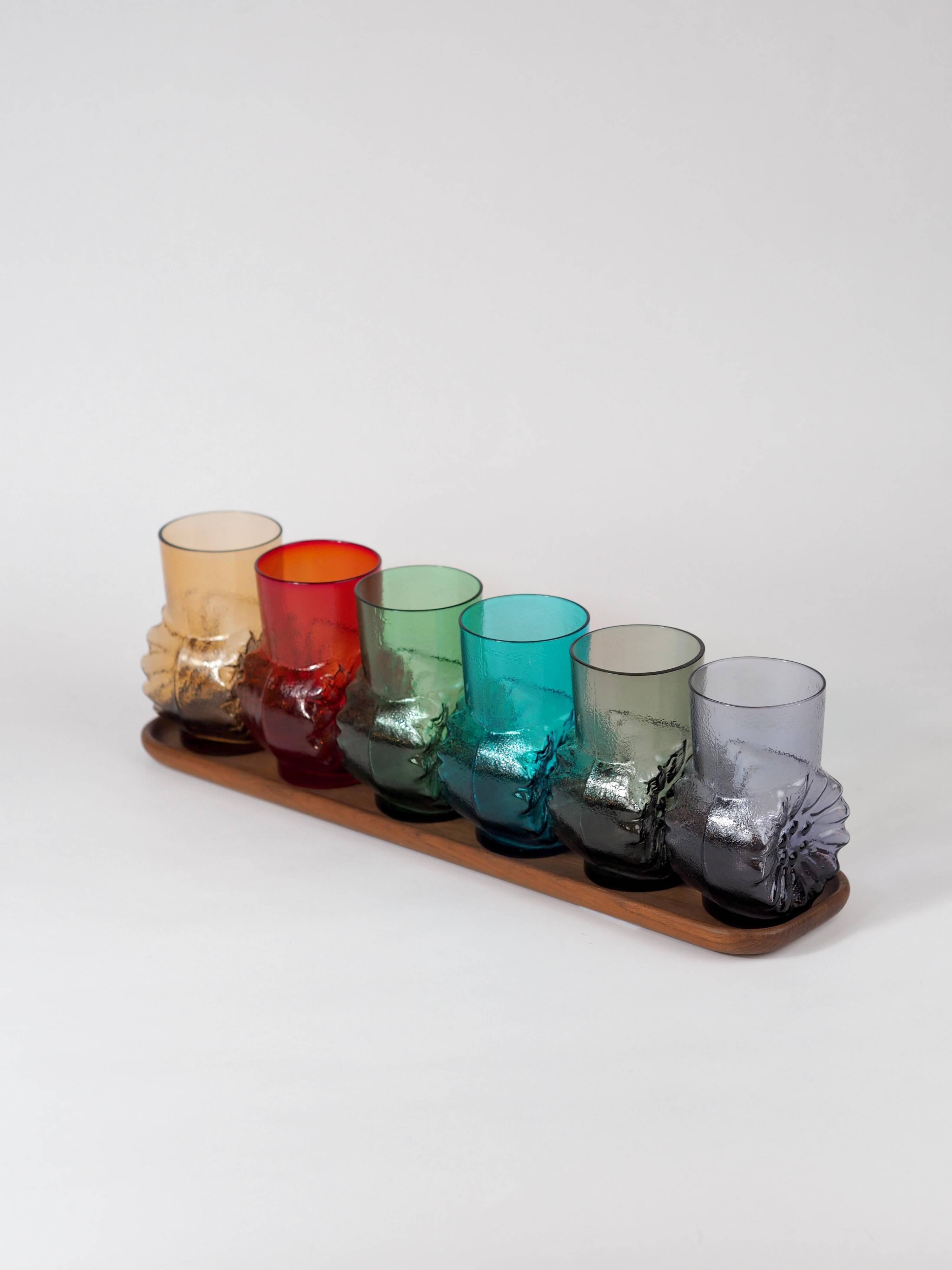 Mid-century rainbow glass set: 6 Finnish style glasses, by Kaj Franck & Lasi.