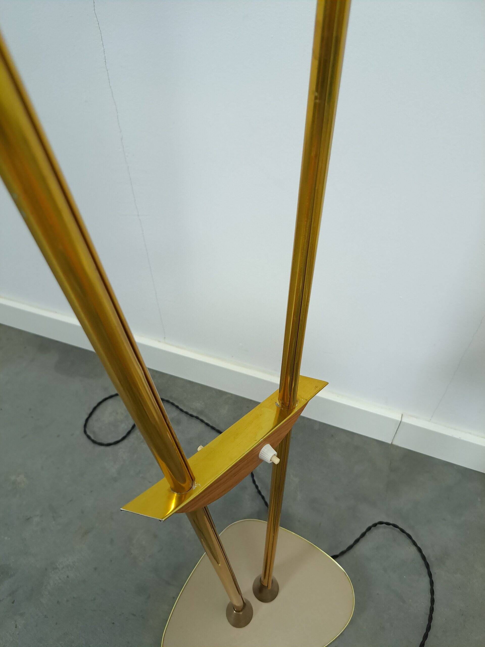 1950s floor lamp with pink and green shade and gold-coloured legs