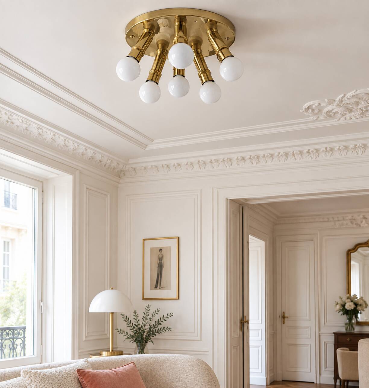 Mid-Century brass ceiling light - 6 lights - TZ Leuchten, Germany, 1980