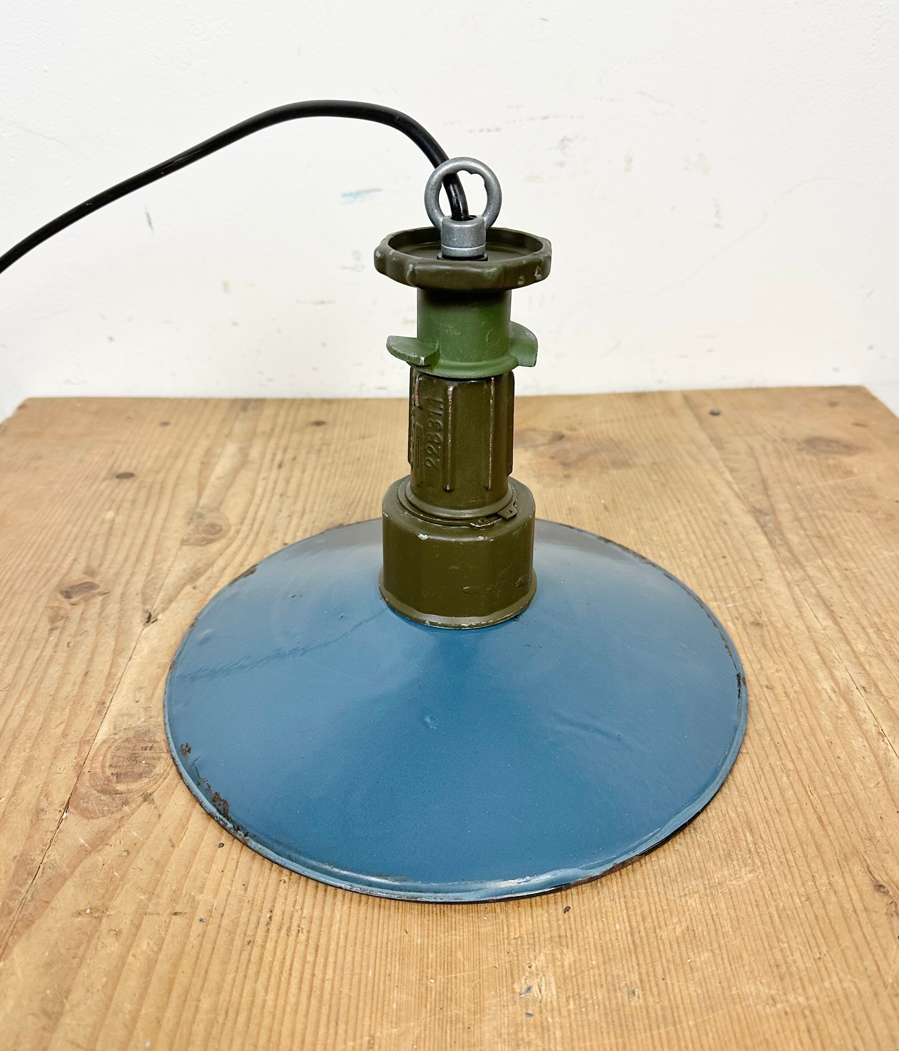 Industrial Blue Enamel Factory Pendant Lamp with Cast Aluminium Top, 1960s