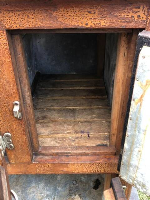 Storage unit, vintage icebox unit, wooden and zinc fridge unit, bar