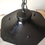 Large hanging lantern in wrought iron and opaque yellow-orange windows