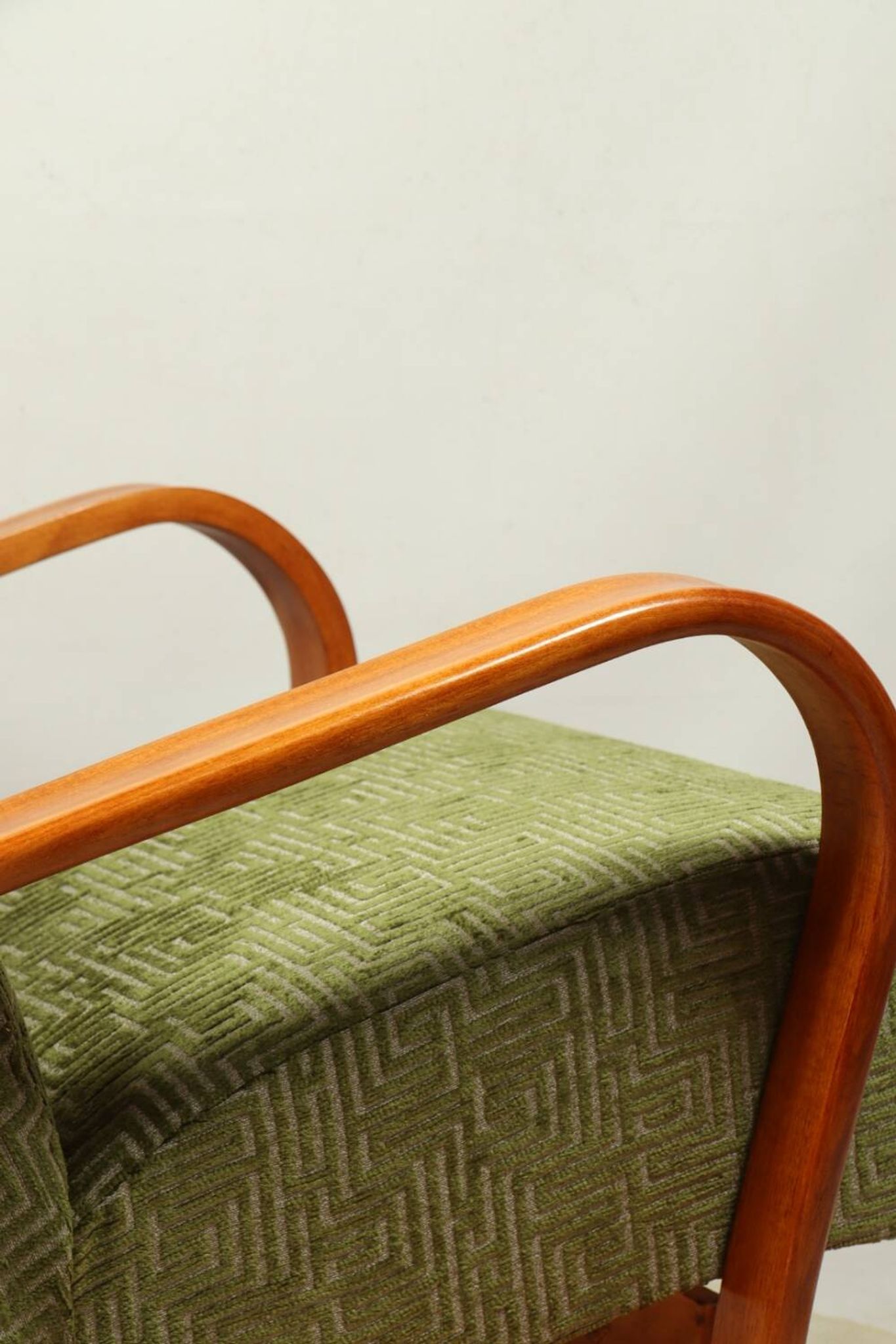 Art Deco armchair in green geometric jacquard by Kropacek Kozelek 1950
