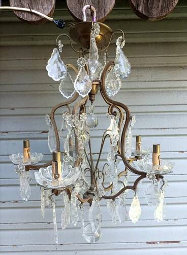 Rare antique brass and crystal cage chandelier with 5 lights from the 20th century - CONDITION OF THE MARKET GAU?