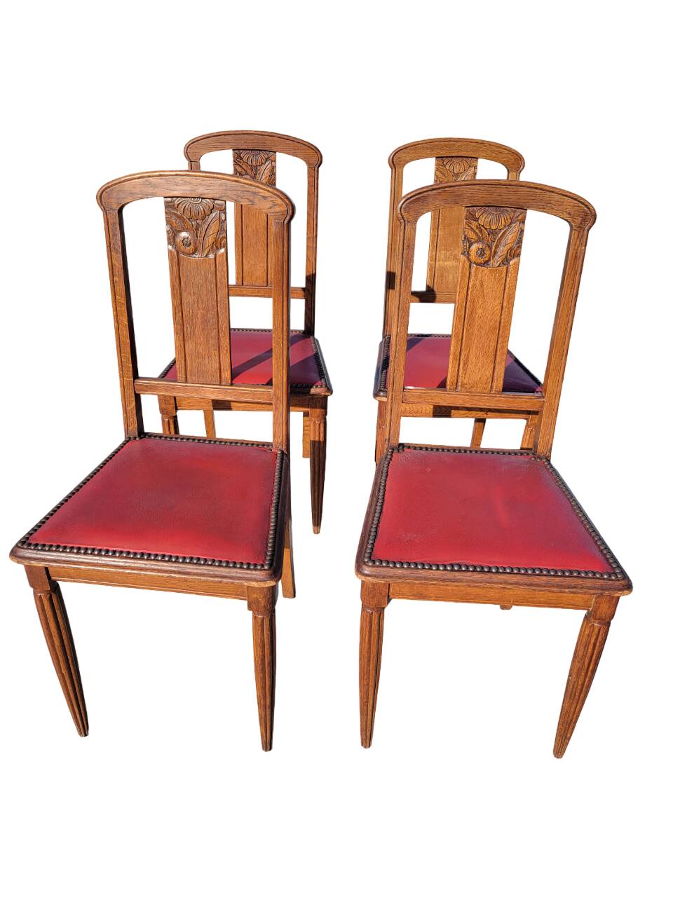 Set of 4 Art Deco Chairs in wood and red imitation leather