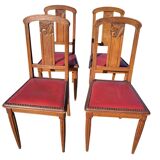 Set of 4 Art Deco Chairs in wood and red imitation leather