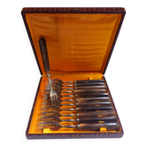 Coffret de 12 fourchettes à gâteau en inox, manche en corne marron