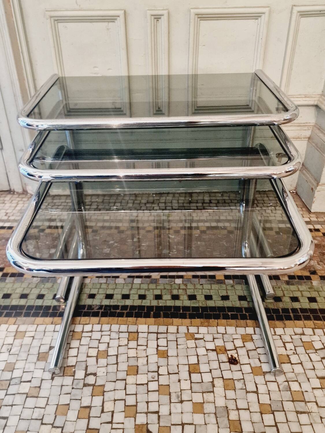 Vintage chrome smoked glass nesting coffee table