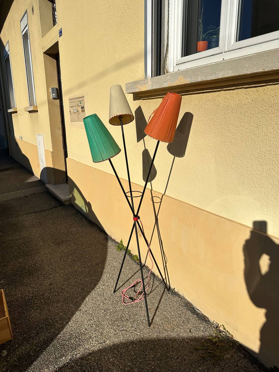 1950s metal tripod floor lamp, completely original