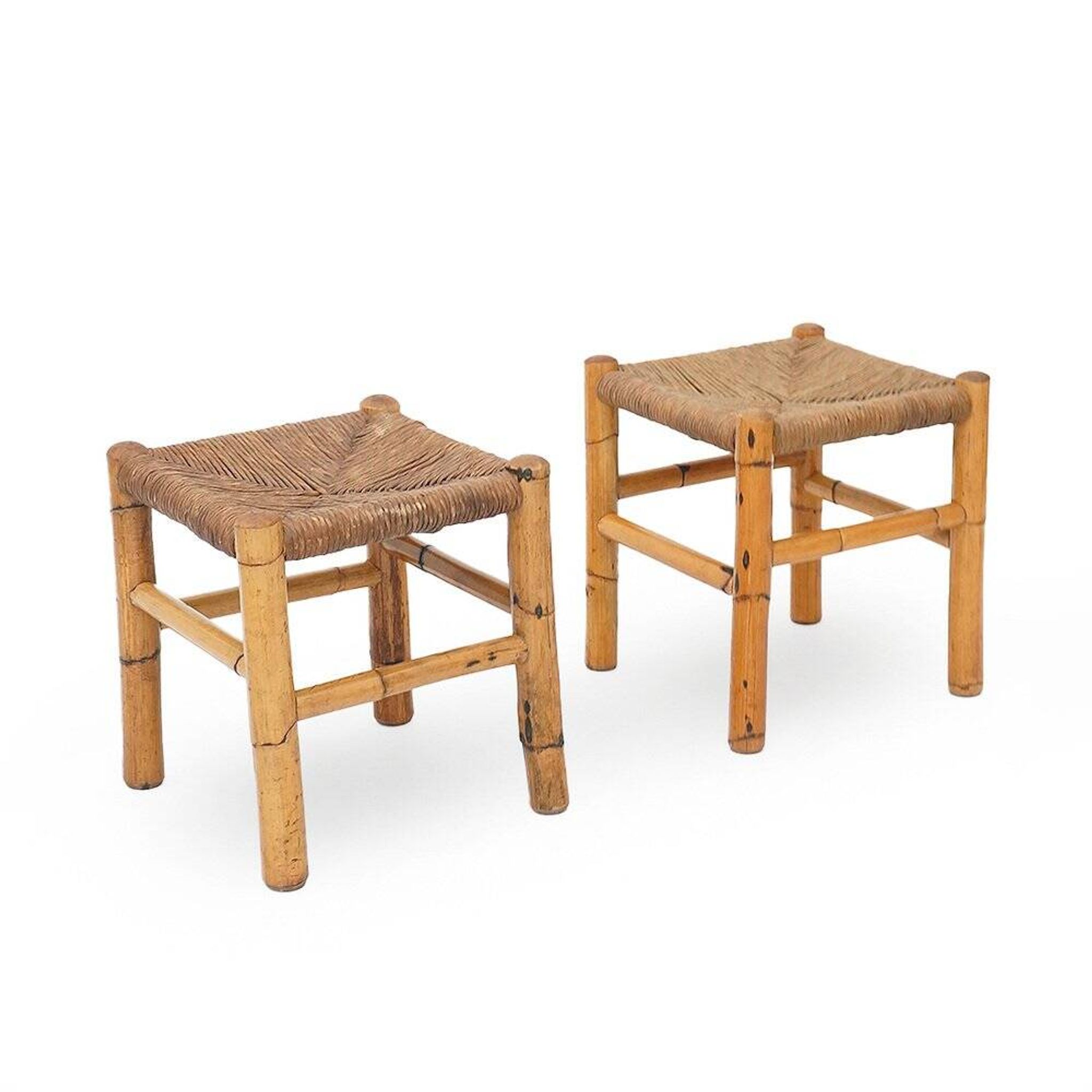 Rattan and woven straw stools, 1960s, set of 2