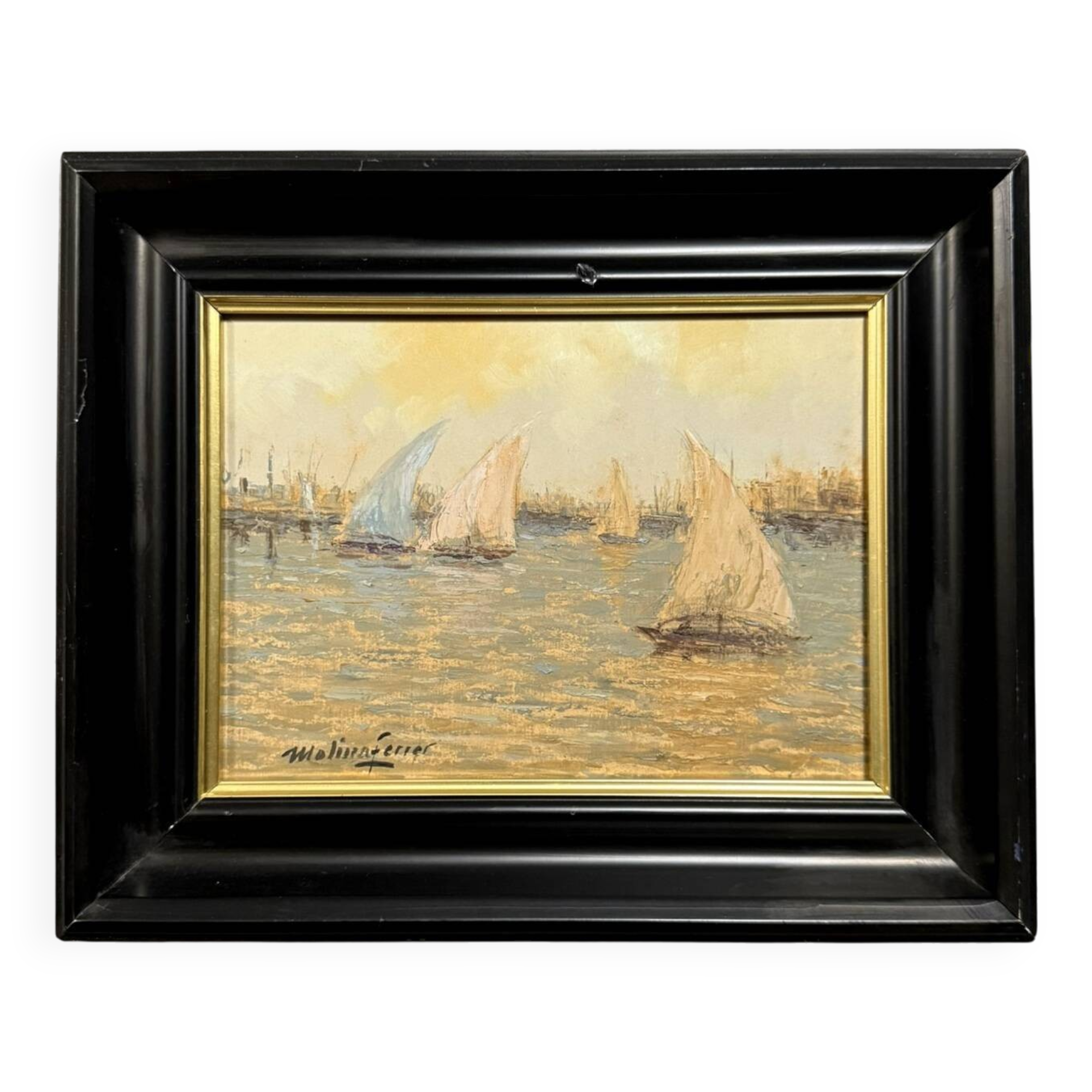 Molina Ferrer: oil painting on panel depicting a seascape with sailing boats