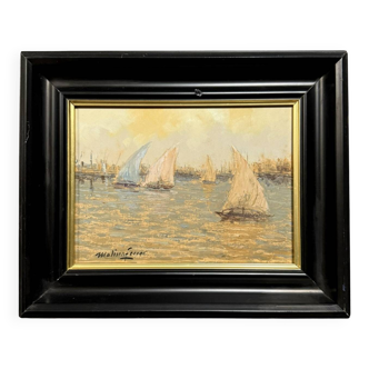Molina Ferrer: oil painting on panel depicting a seascape with sailing boats