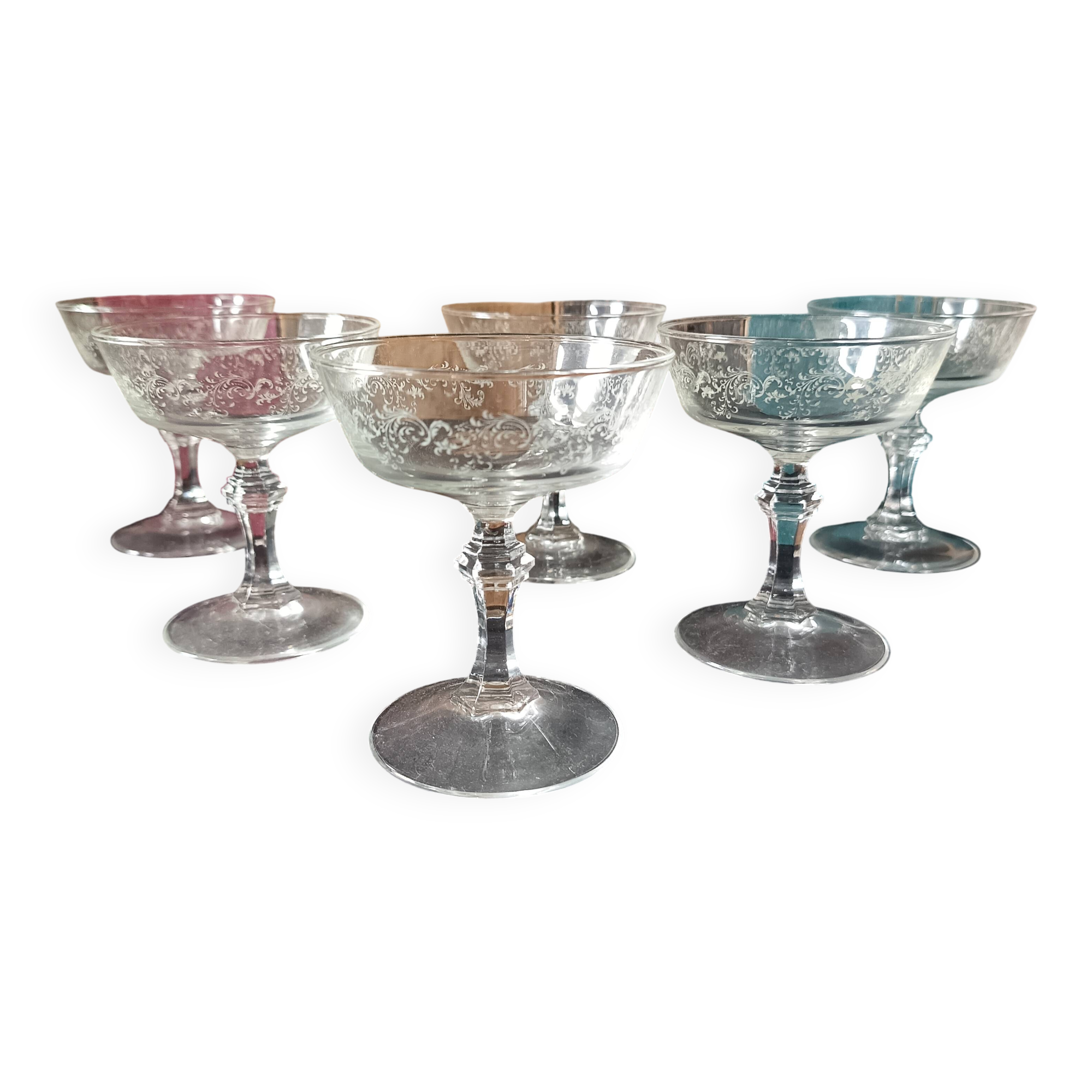6 champagne coupes, vintage glass coupes
