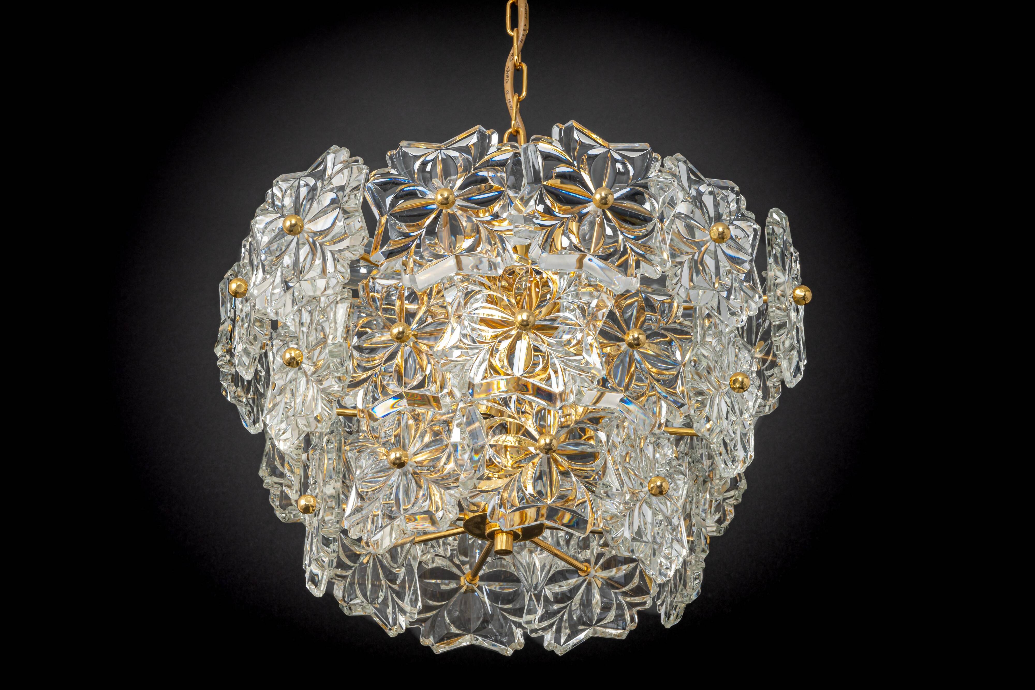 Chandelier in gilded brass and crystal glass, Germany, 1970s